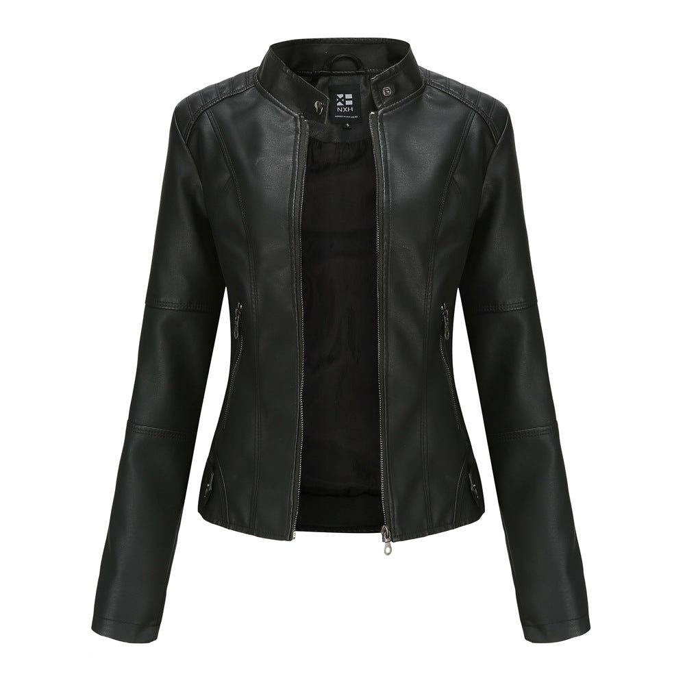 Women's Zip-up Leather Jackets Fashion Solid Color Pockets Stand Collar Top Outwear Clothing