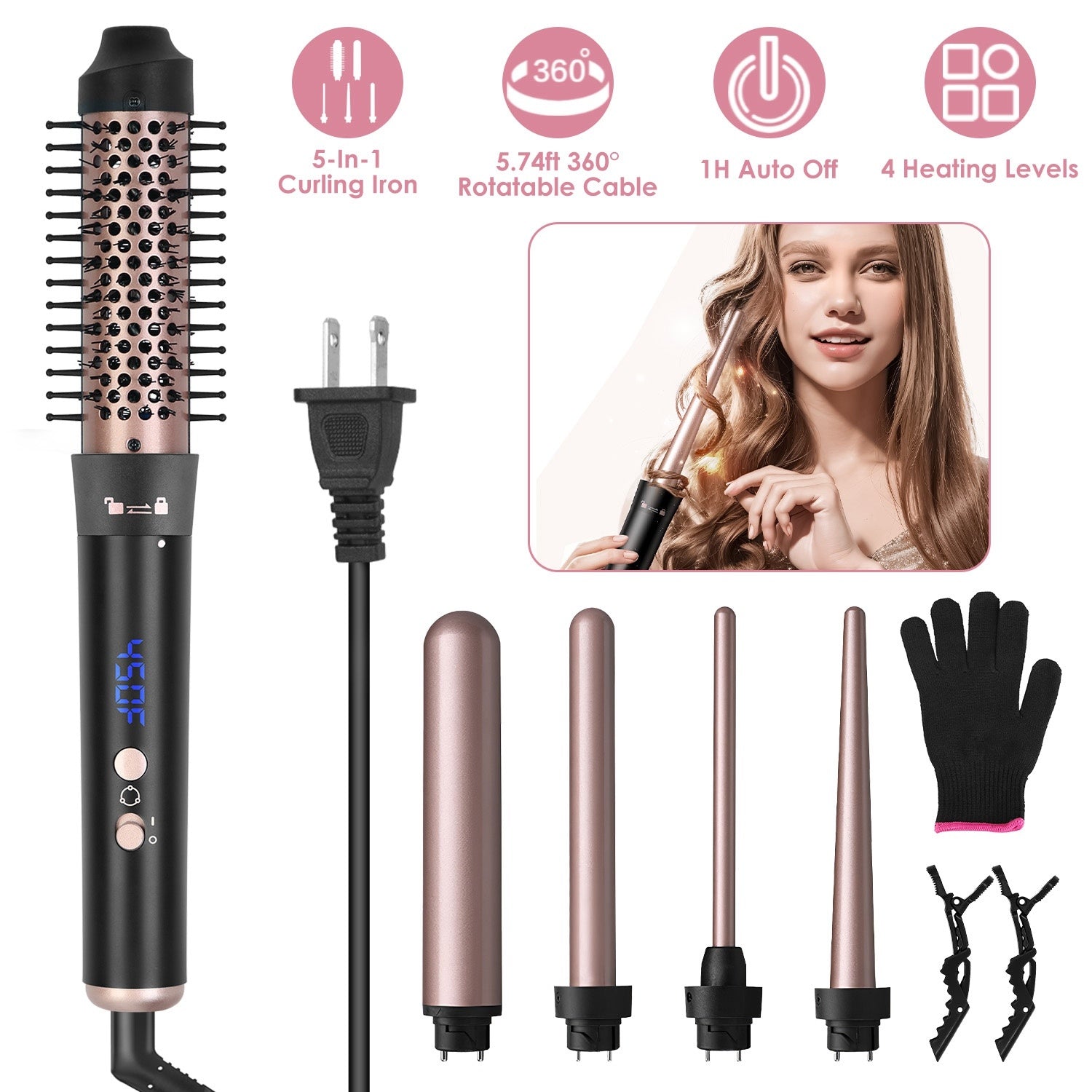 2 Type Options--1Pc 5 In 1 Curling Wand Hair Curling Iron Brush Anti-Tangle Hair Thermal Brush Curler With 4 Heating Levels 360 Degree Rotatable Cable 5 Interchangeable Barrels 2 Clips 1H Auto Off