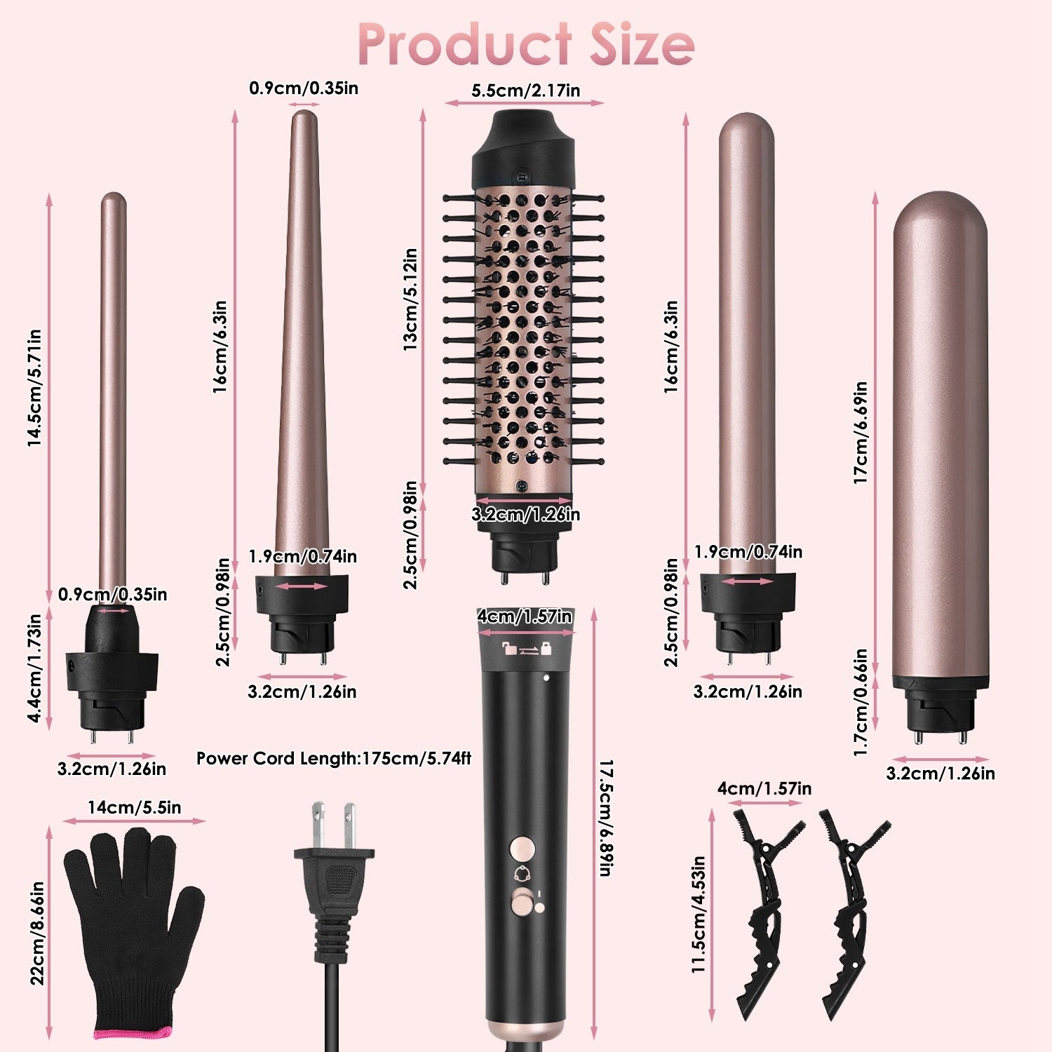 2 Type Options--1Pc 5 In 1 Curling Wand Hair Curling Iron Brush Anti-Tangle Hair Thermal Brush Curler With 4 Heating Levels 360 Degree Rotatable Cable 5 Interchangeable Barrels 2 Clips 1H Auto Off