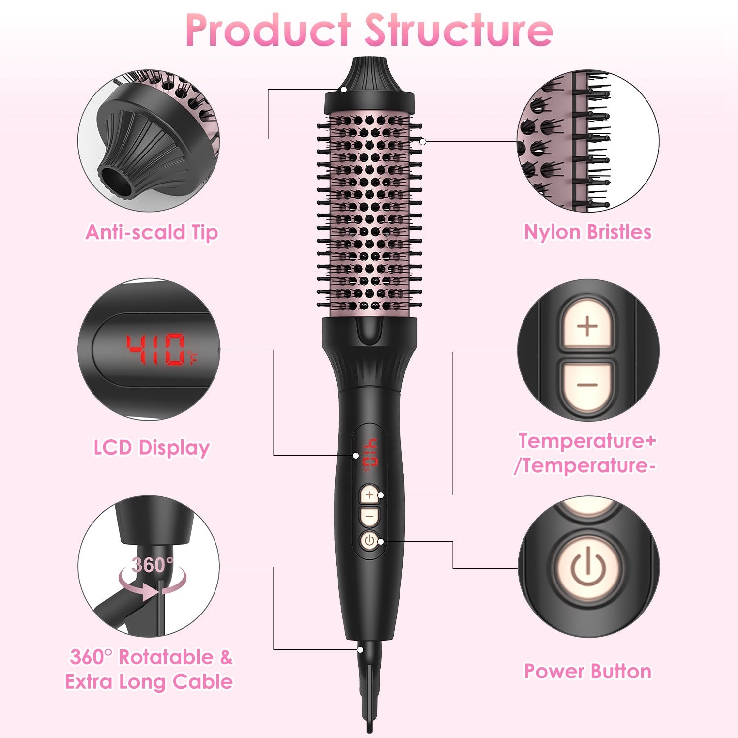 1Pc 3 In 1 Thermal Brush Hair Curler Brush Hair Curler Straightener With 10 Heating Levels 30S Fast Heating Fit For All Hair Types For Home Travel